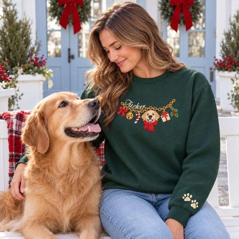 Unisex Custom Pet Christmas Sweatshirt, Embroidered Dog or Cat Portrait Charm Necklace Shirt, Personalized Pet Name Shirt, Holiday Pet Lover Gift Black
