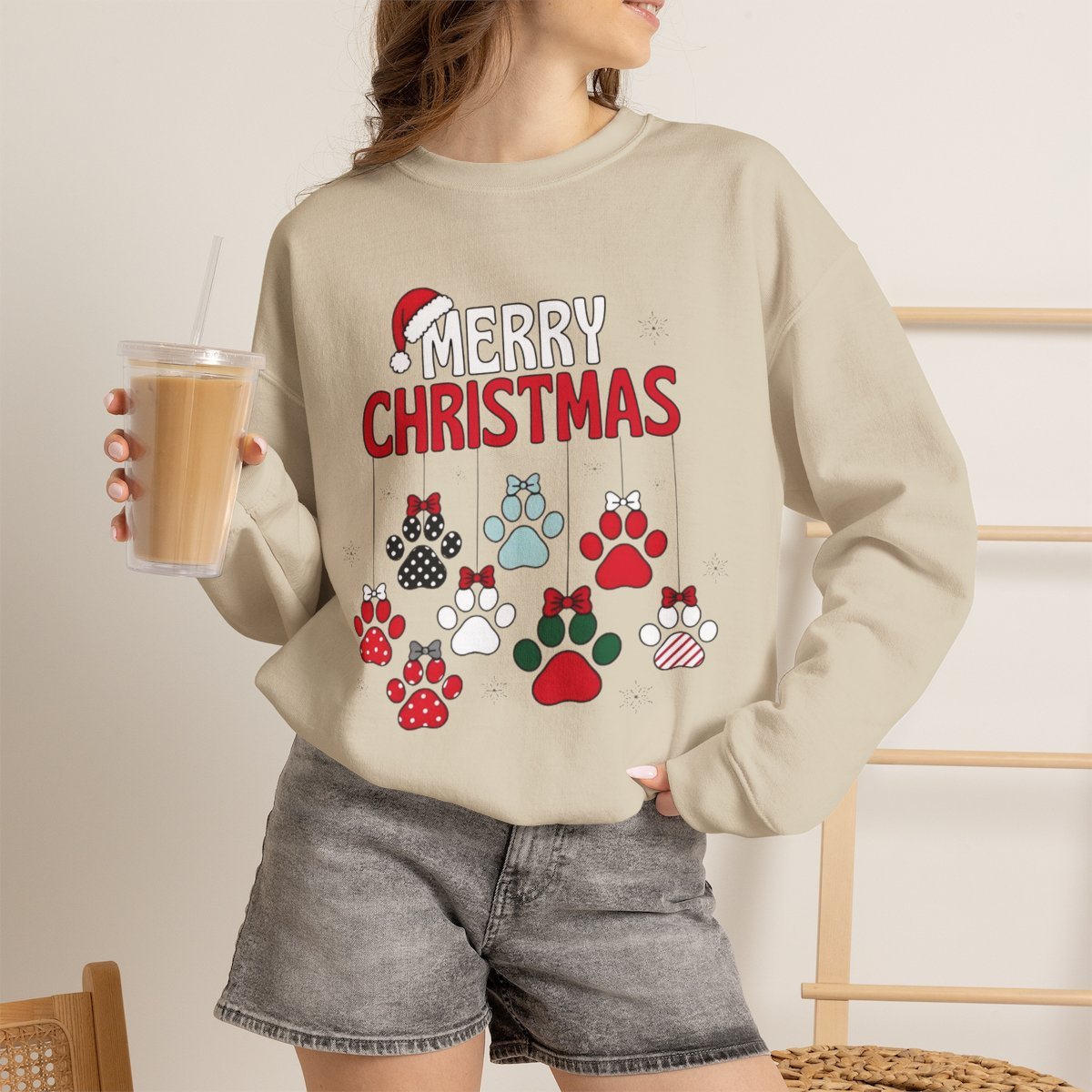 Unisex Cozy Merry Christmas Paw Print Sweatshirt for Dog Lovers Sand