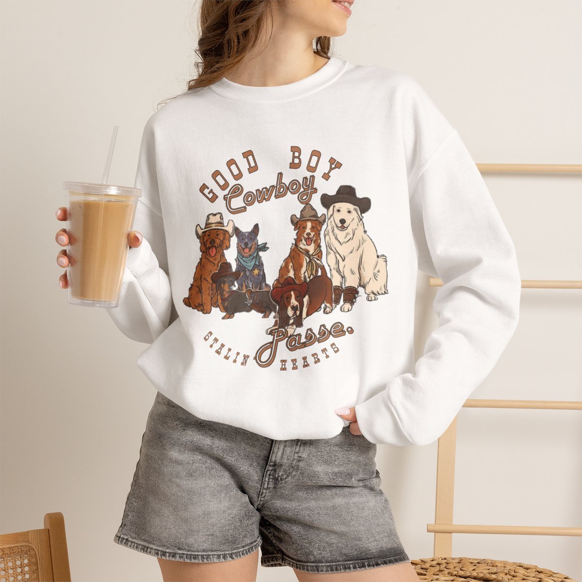 Unisex Cowboy Dog Posse Crewneck Sweatshirt | Cute Western Pet Lover Gift White
