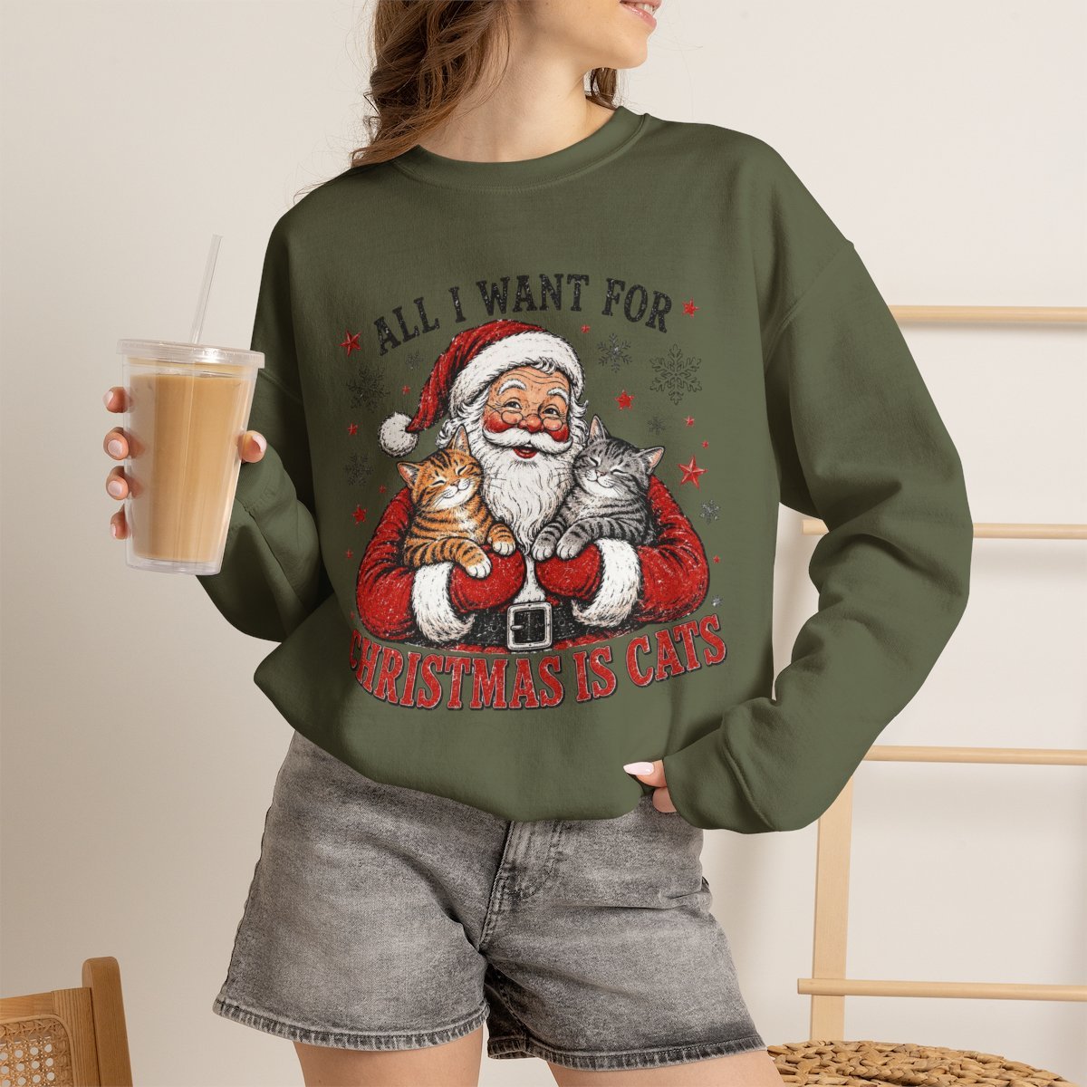 All I Want For Christmas Is Cats Unisex Sweatshirt | Cute Cat Lover Holiday Gift Military Green
