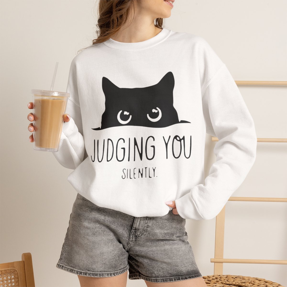 Unisex Judging You Silently Black Cat Sweatshirt - Funny Cat Lover Gift Idea White