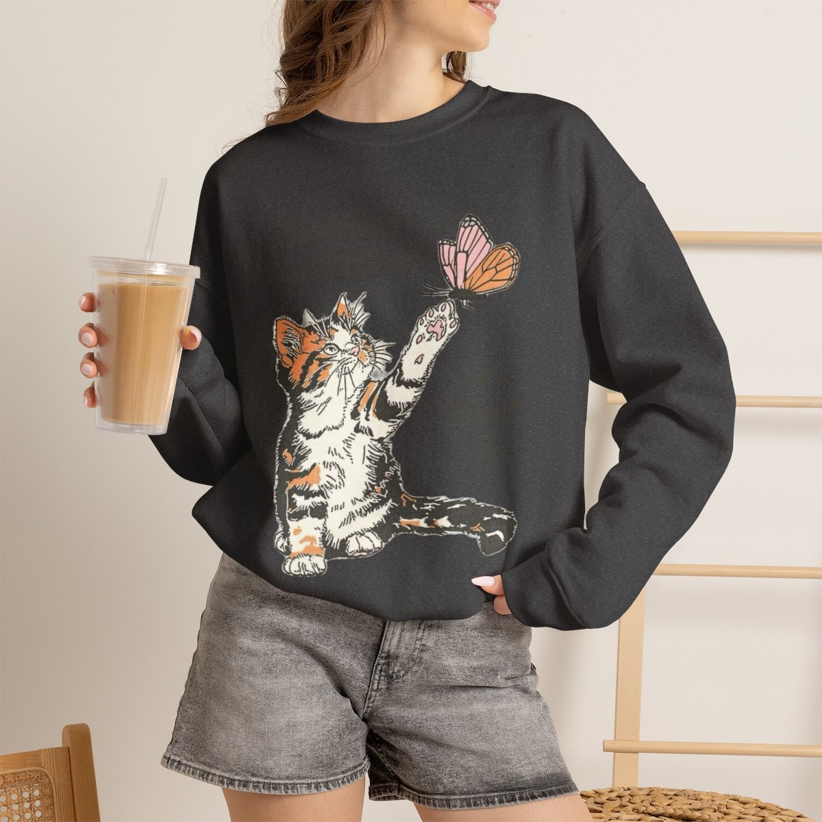 Cute Kitten and Butterfly Wholesome Kindness Quote Unisex Crewneck Sweatshirt Dark Heather