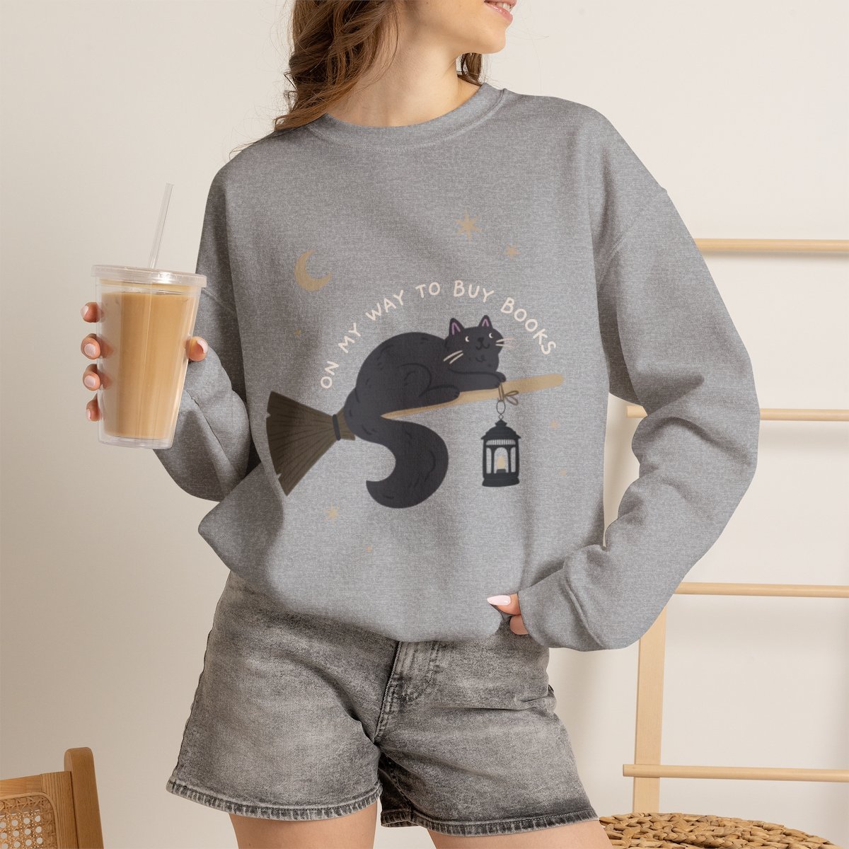 Unisex Black Cat Witch Broom Sweatshirt Cute Book Lover Gift Sport Grey