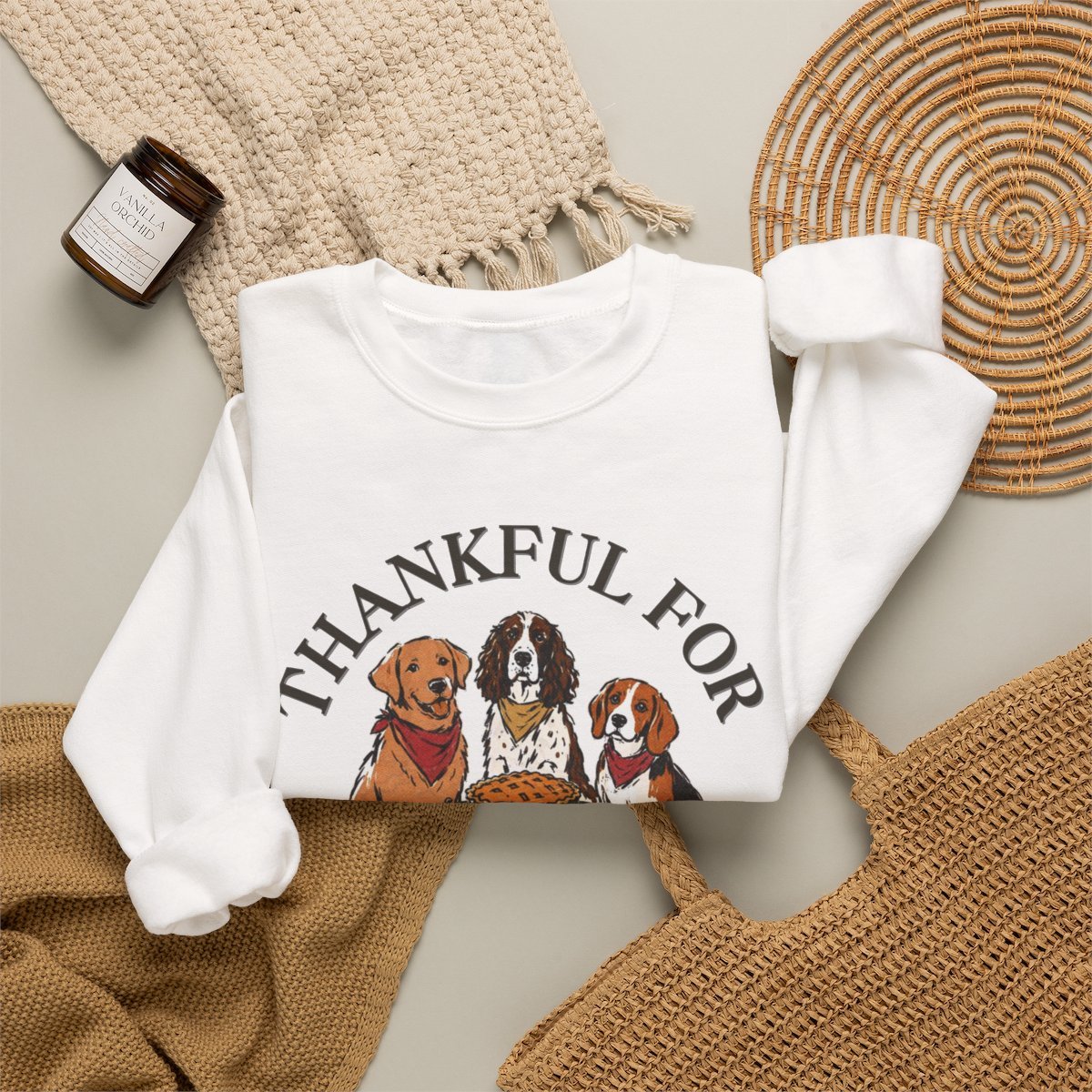 Thankful For Good Dogs Unisex Thanksgiving Sweatshirt - Cozy Fall Dog Lover Gift Detail