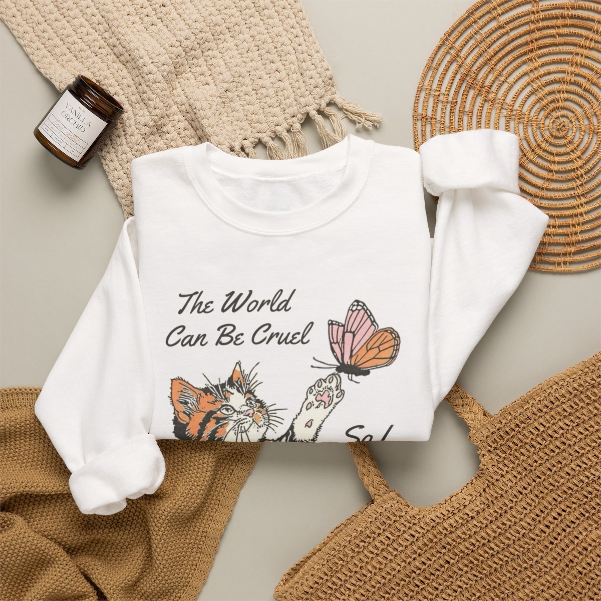 Cute Kitten and Butterfly Wholesome Kindness Quote Unisex Crewneck Sweatshirt Detail