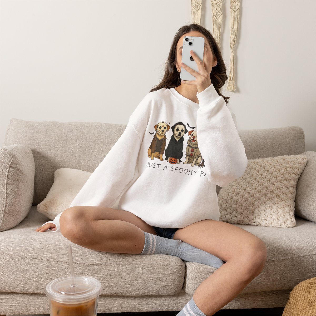 Unisex Halloween Dog Sweatshirt | Cute Horror Movie Fan Cozy Crewneck Detail