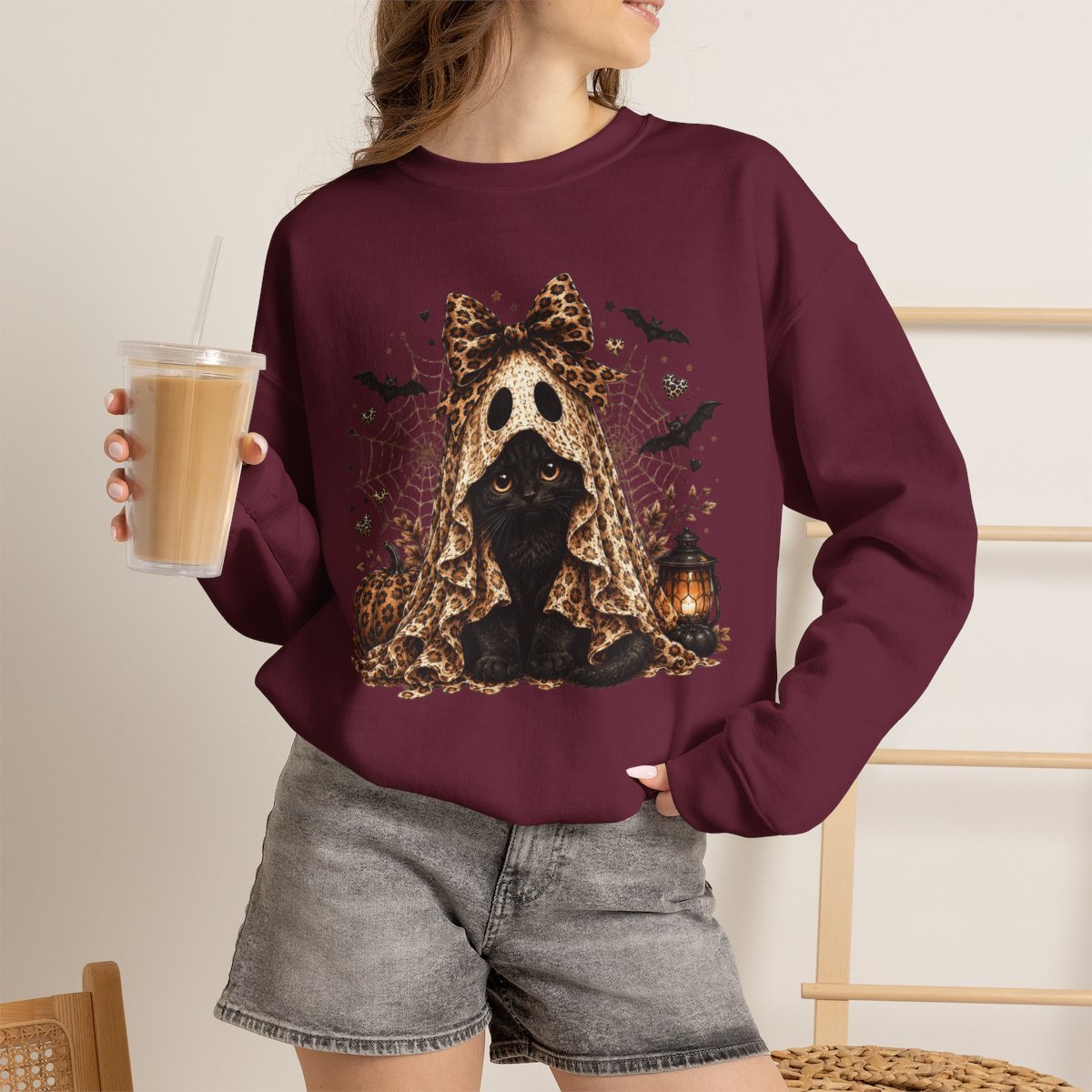 Cute Halloween Leopard Ghost Black Cat Unisex Sweatshirt | Spooky Season Outfit Maroon