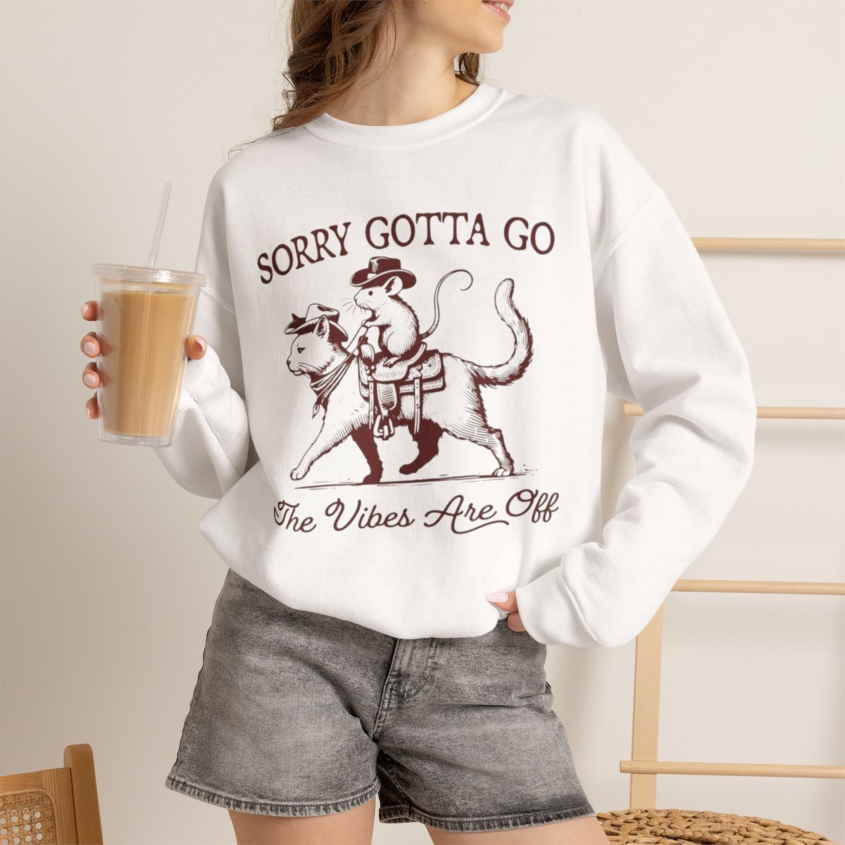 Funny Cowboy Cat and Mouse Riding Unisex Sweatshirt - Western Pet Lover Gift White