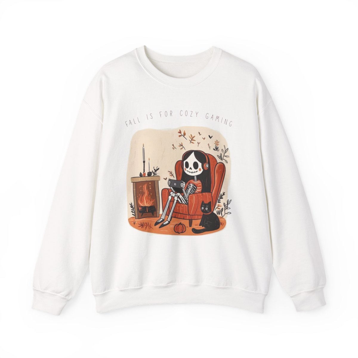 Unisex Cozy Gaming Skeleton Sweatshirt with Cute Cat | Fall Apparel & Gifts Detail