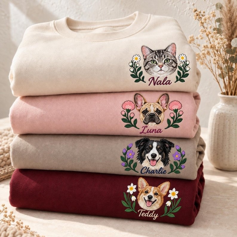 Unisex Personalized Pet Portrait Sweatshirt, Floral Dog Cat Embroidered Crewneck, Custom Pet Face Sweater, Personalized Pet Lover Gift White