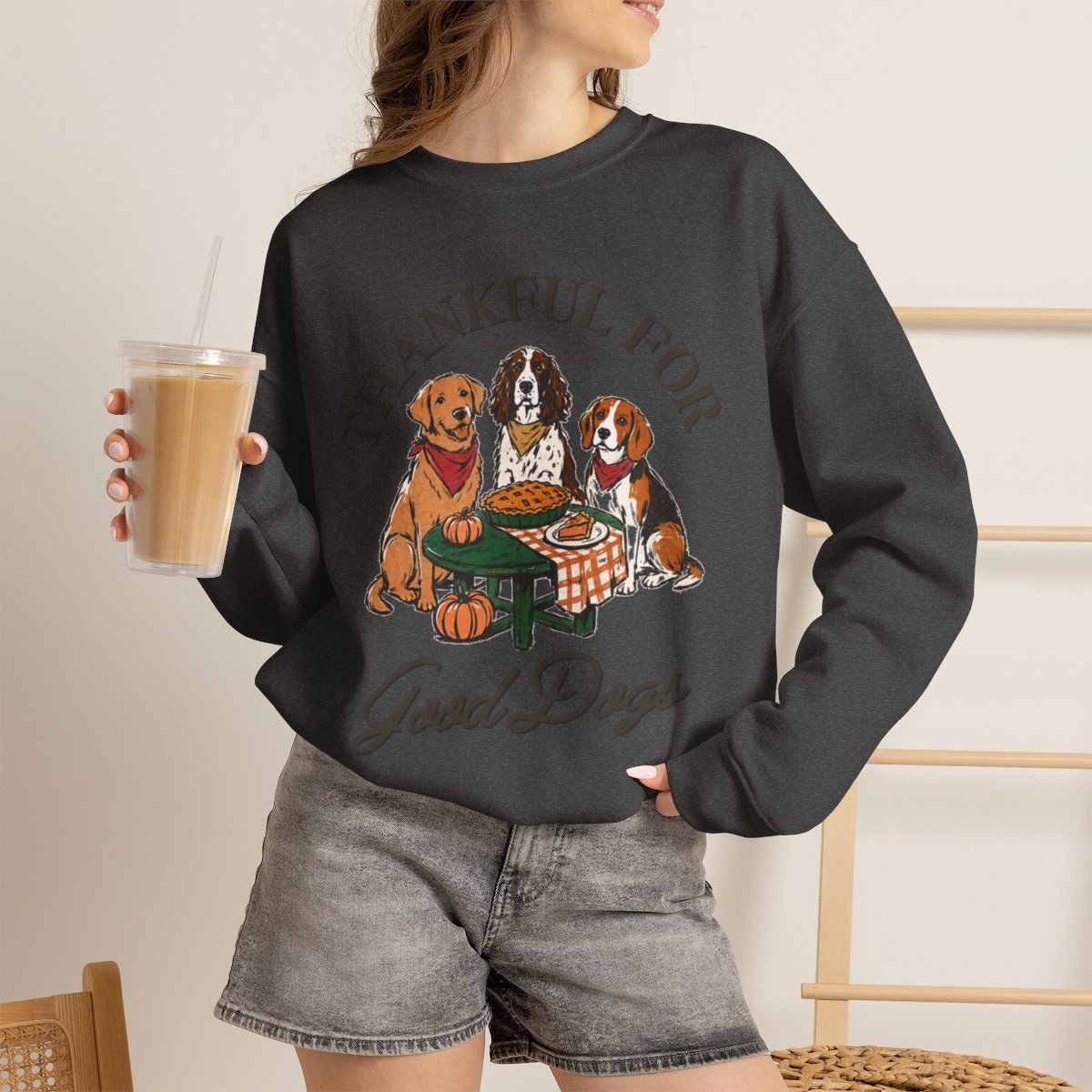 Thankful For Good Dogs Unisex Thanksgiving Sweatshirt - Cozy Fall Dog Lover Gift Dark Heather