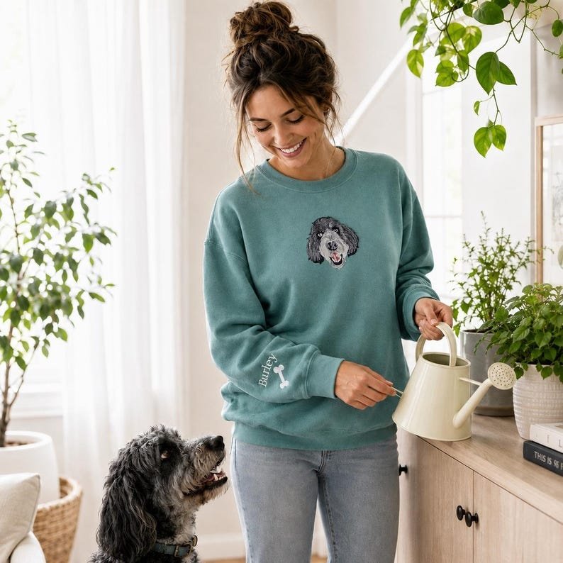 Unisex Comfort Colors Custom Embroidered Pet Sweatshirt - Dog or Cat Portrait From Photo Sweater - Dog Mama Sweatshirt - Mom Birthday Gift Sand