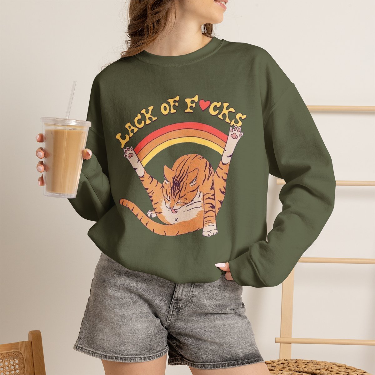 Funny Orange Cat Graphic Unisex Sweatshirt Cute Pet Lover Gift Military Green