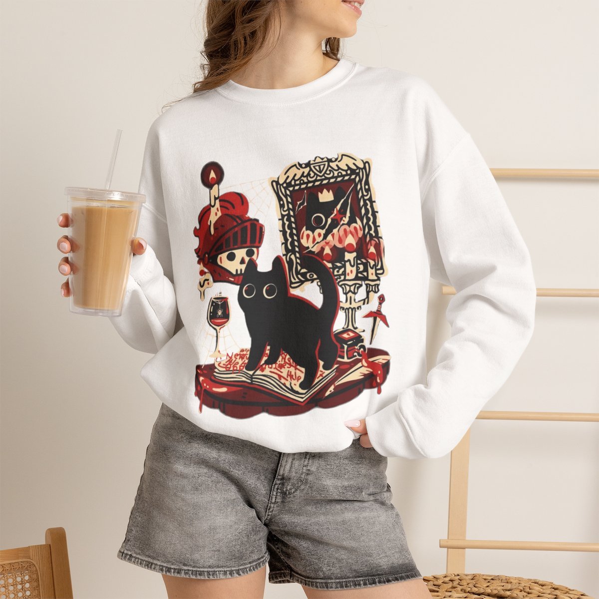 Spooky Gothic Black Cat Unisex Sweatshirt | Halloween Witchy Aesthetic Pullover White
