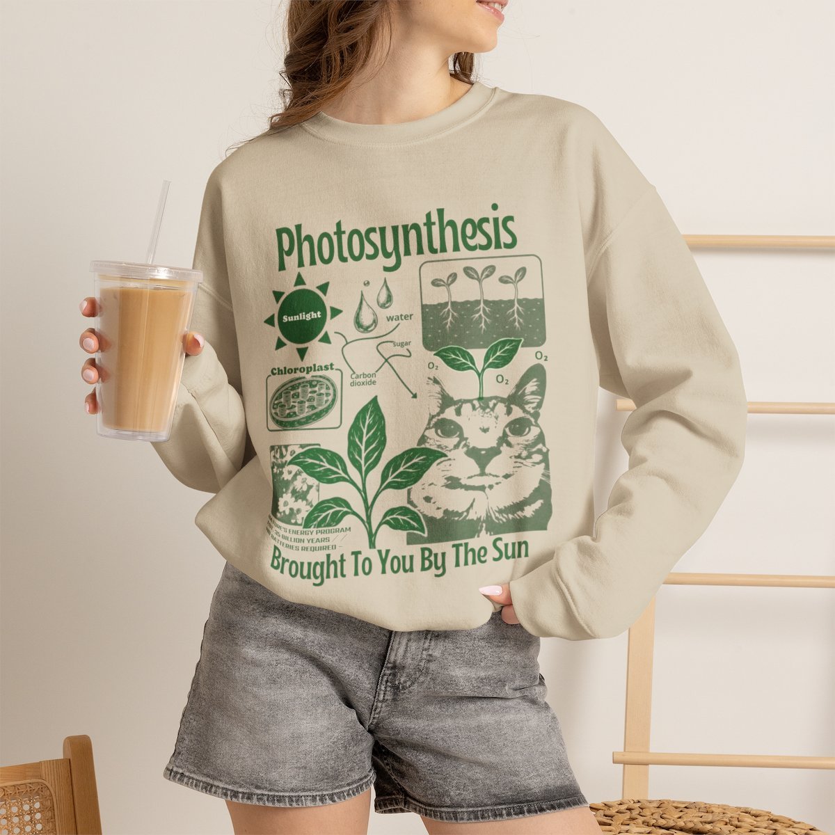 Unisex Funny Cat Photosynthesis Graphic Sweatshirt for Nature Lovers Sand