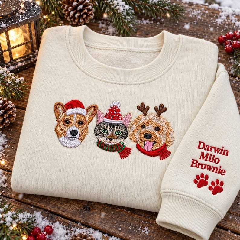 Unisex Custom Christmas Pet Sweatshirt, Personalized Dog Cat Portrait Embroidered Crewneck, Christmas Sweater For Dog Mom, Xmas Gift For Pet Lovers White