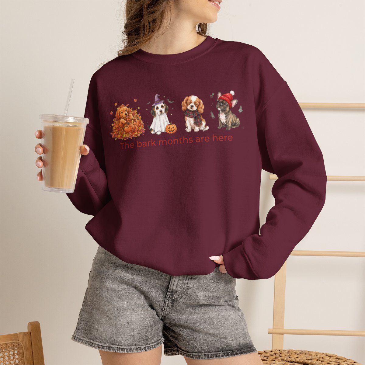 Cute Dog Lover Sweatshirt - Cozy Fall and Winter Bark Months Crewneck Maroon