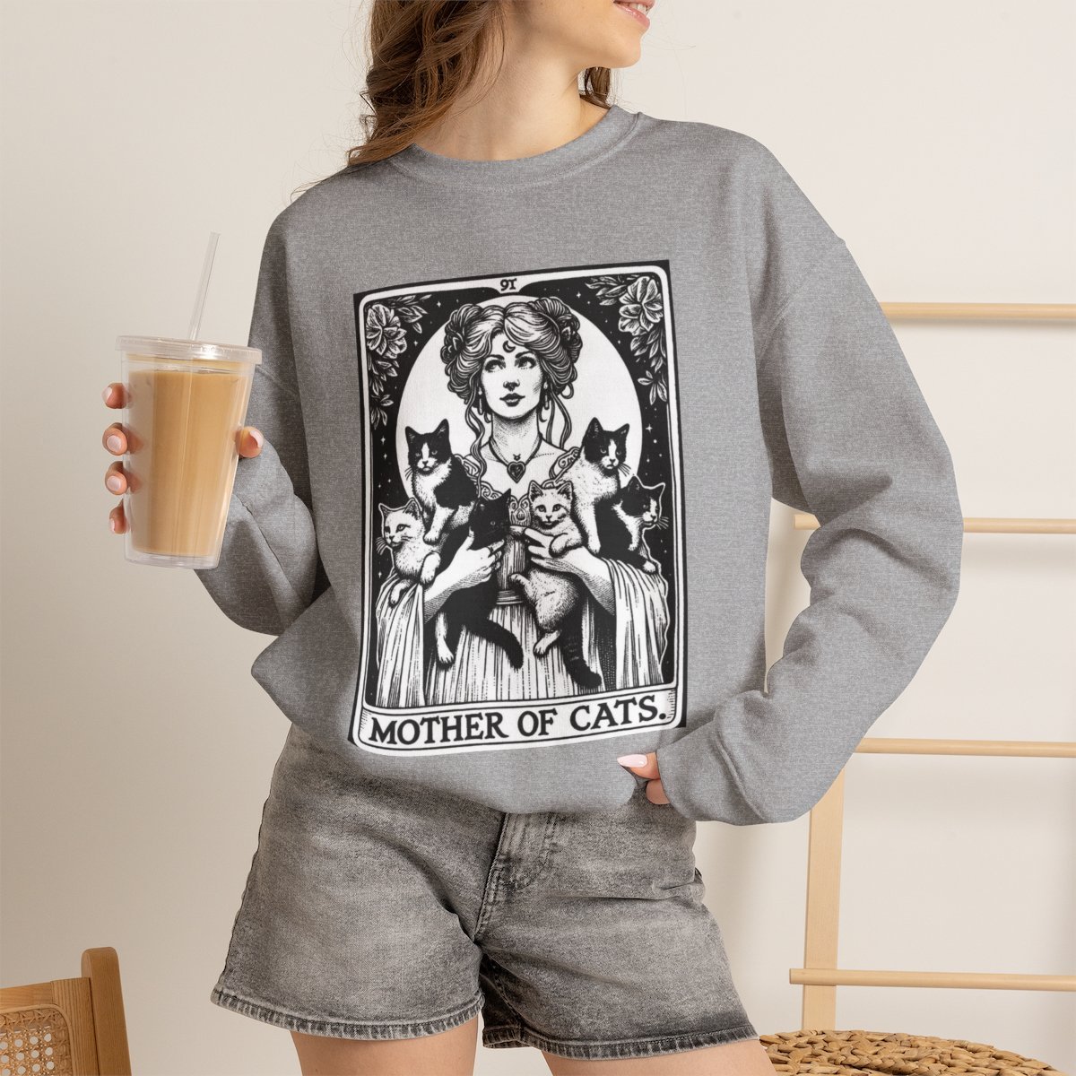 Unisex Mother of Cats Vintage Tarot Style Graphic Sweatshirt for Cat Lovers Sport Grey
