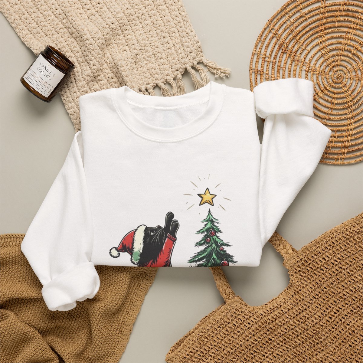 Unisex Cute Black Cat Christmas Sweatshirt | Cozy Holiday Gift for Cat Lovers Detail
