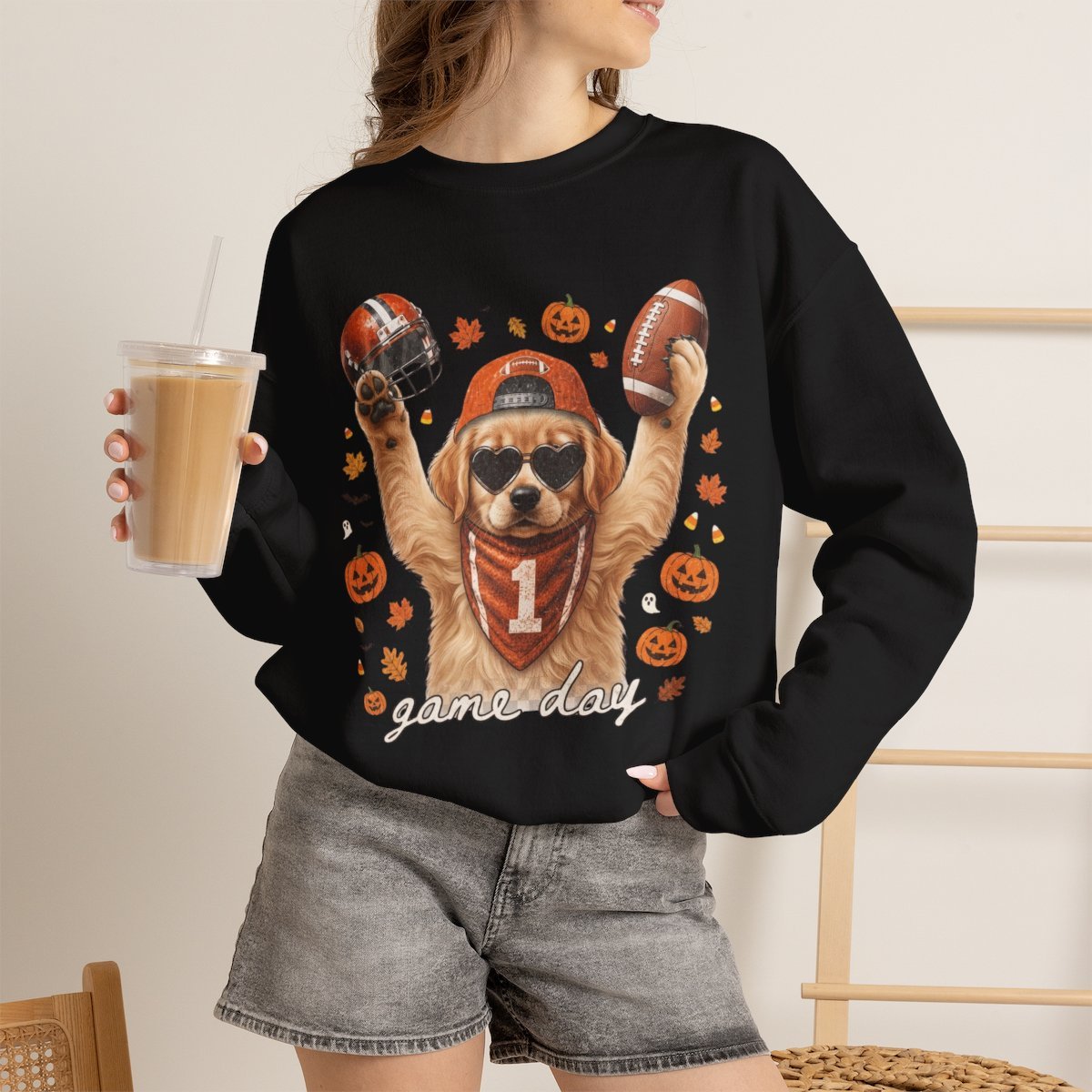 Cute Golden Retriever Football Halloween Sweatshirt for Dog Lovers Black