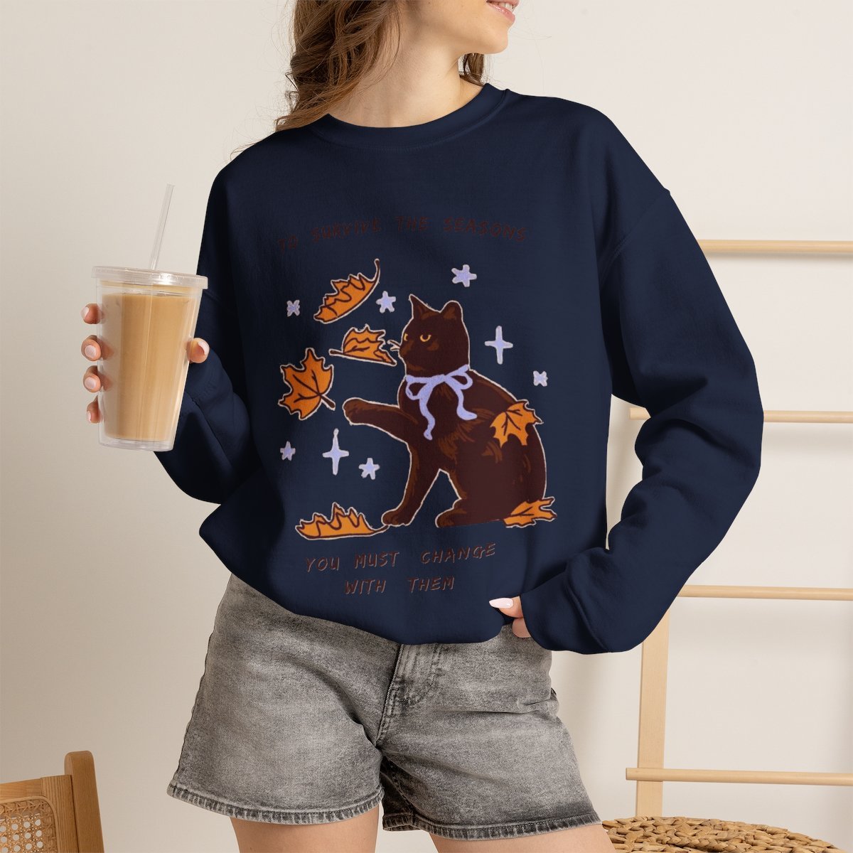 Cozy Black Cat Fall Season Unisex Sweatshirt | Autumn Apparel Gift Navy