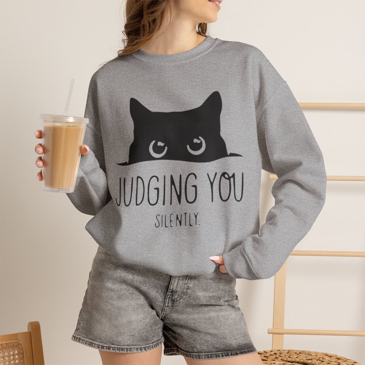 Unisex Judging You Silently Black Cat Sweatshirt - Funny Cat Lover Gift Idea Sport Grey