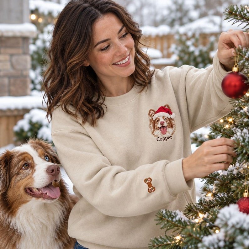 Unisex Custom Pet Portrait Christmas Sweatshirt - Embroidered Dog Santa Hat Sweater - Personalized Holiday Dog Mom Gift - Christmas Outfit Dark Heather