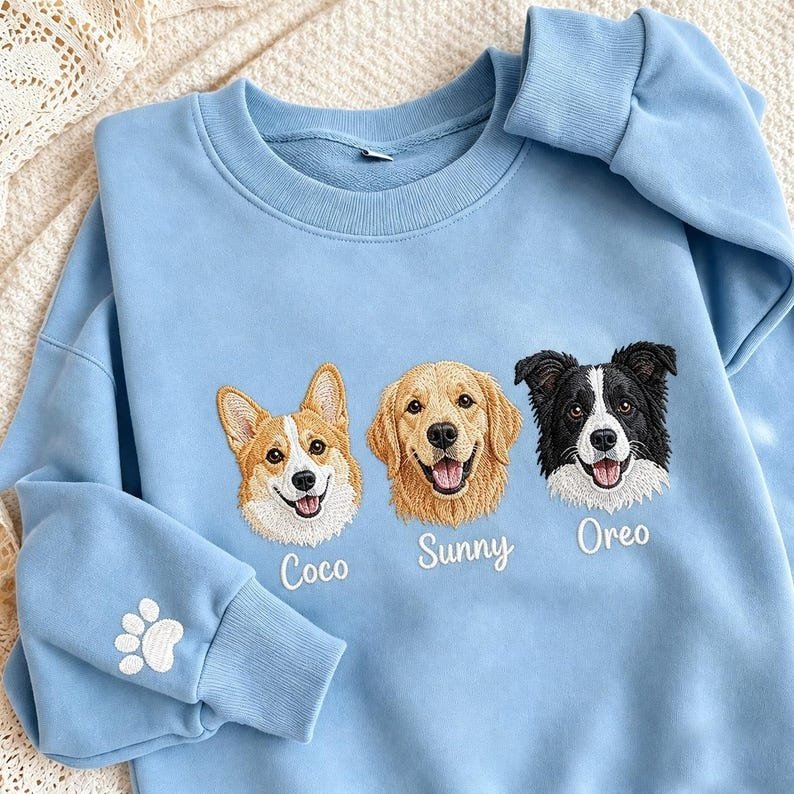 Unisex Dog & Cat Face Embroidery Sweatshirt, Embroidered Pet Sweatshirt Gift, Custom Pet Face Hoodie, Custom Pet Gift Sport Grey