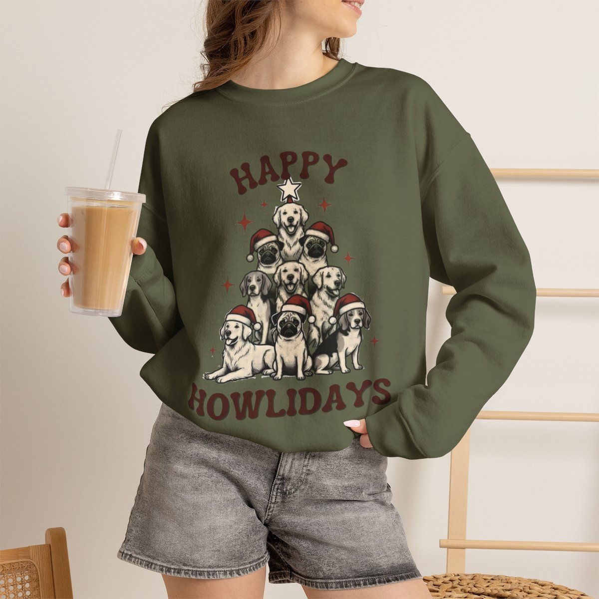 Cute Dog Lover Christmas Tree Unisex Sweatshirt | Happy Howlidays Holiday Gift Military Green