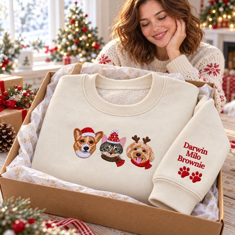 Unisex Custom Christmas Pet Sweatshirt, Personalized Dog Cat Portrait Embroidered Crewneck, Christmas Sweater For Dog Mom, Xmas Gift For Pet Lovers Maroon