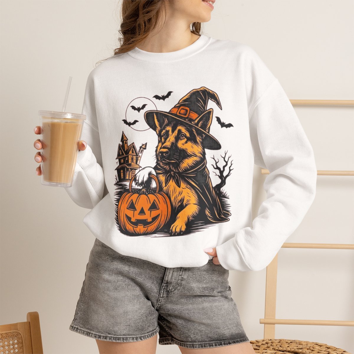 Spooky German Shepherd Witch Halloween Unisex Sweatshirt - Cute Dog Lover Gift Idea White
