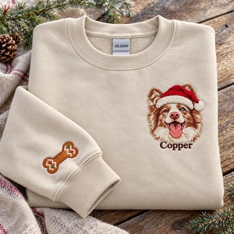 Unisex Custom Pet Portrait Christmas Sweatshirt - Embroidered Dog Santa Hat Sweater - Personalized Holiday Dog Mom Gift - Christmas Outfit White