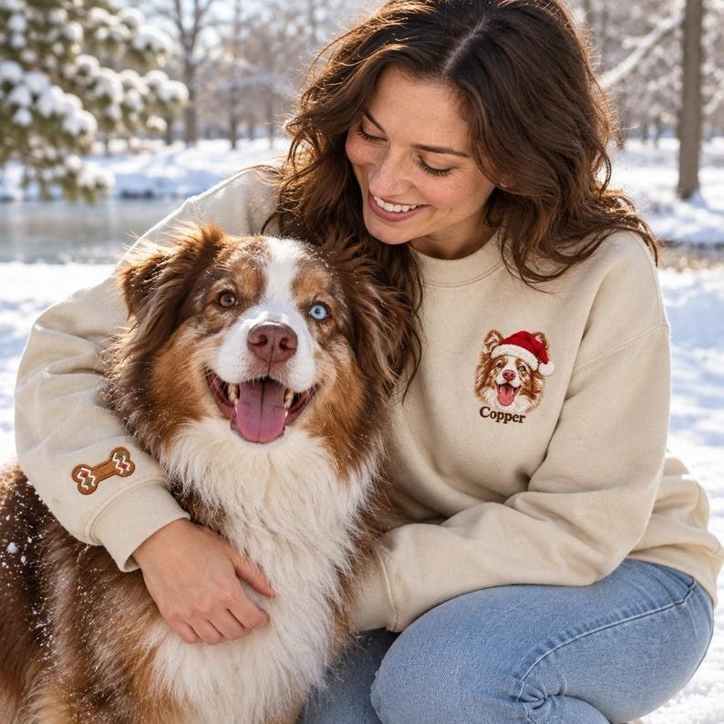 Unisex Custom Pet Portrait Christmas Sweatshirt - Embroidered Dog Santa Hat Sweater - Personalized Holiday Dog Mom Gift - Christmas Outfit Maroon