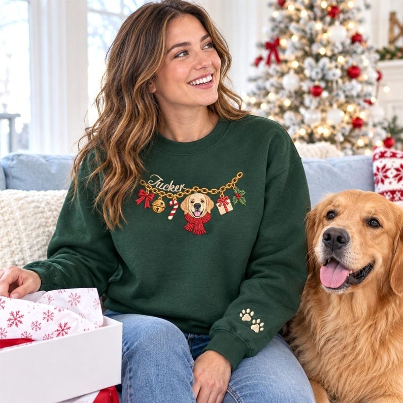Unisex Custom Pet Christmas Sweatshirt, Embroidered Dog or Cat Portrait Charm Necklace Shirt, Personalized Pet Name Shirt, Holiday Pet Lover Gift Sand