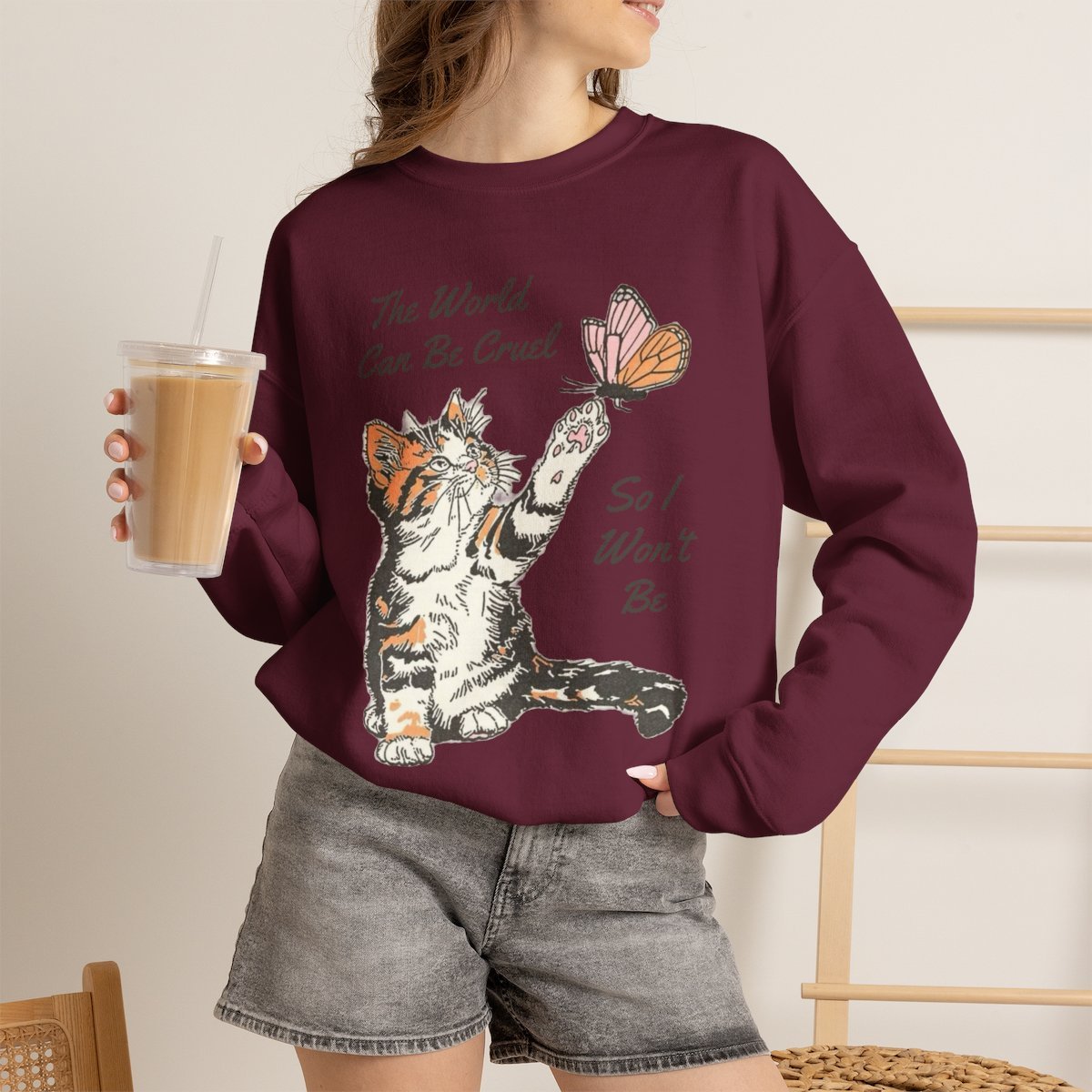 Cute Kitten and Butterfly Wholesome Kindness Quote Unisex Crewneck Sweatshirt Maroon