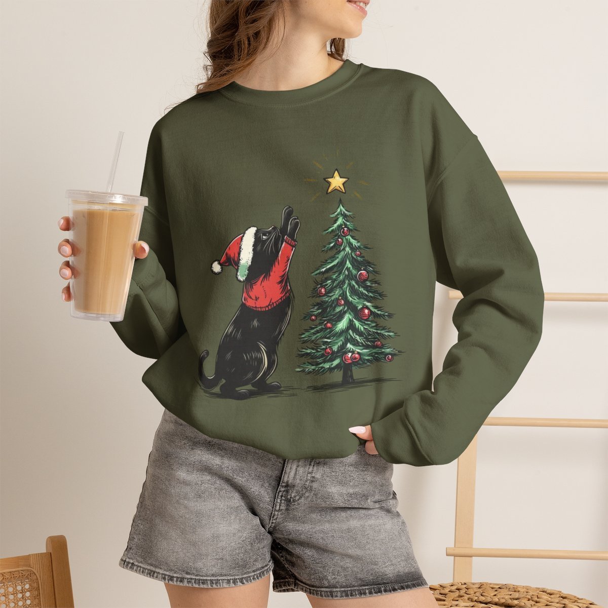 Unisex Cute Black Cat Christmas Sweatshirt | Cozy Holiday Gift for Cat Lovers Military Green