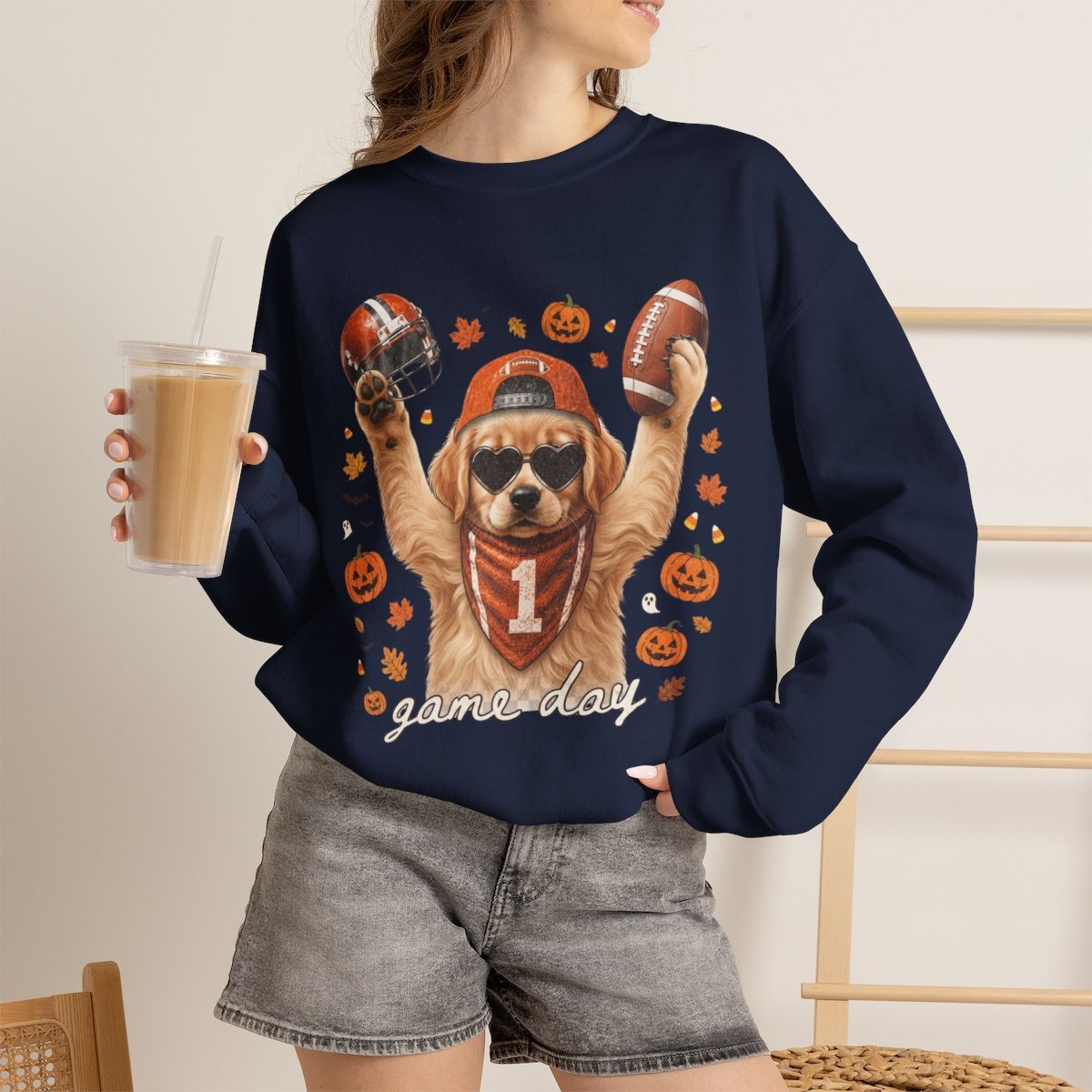 Cute Golden Retriever Football Halloween Sweatshirt for Dog Lovers Navy
