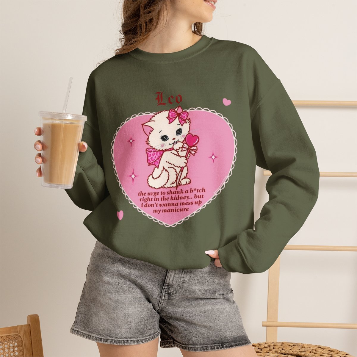 Unisex Funny Cat Meme Sweatshirt Kawaii Grunge Aesthetic Gift Military Green