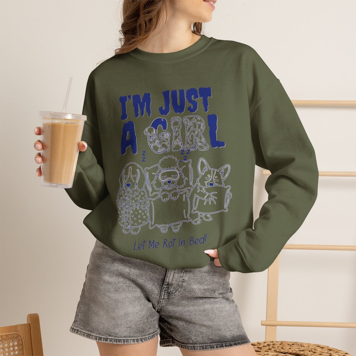 Unisex Funny Dog Lover Sweatshirt - Cute Cozy Sleeping Puppy Lounge Crewneck Military Green