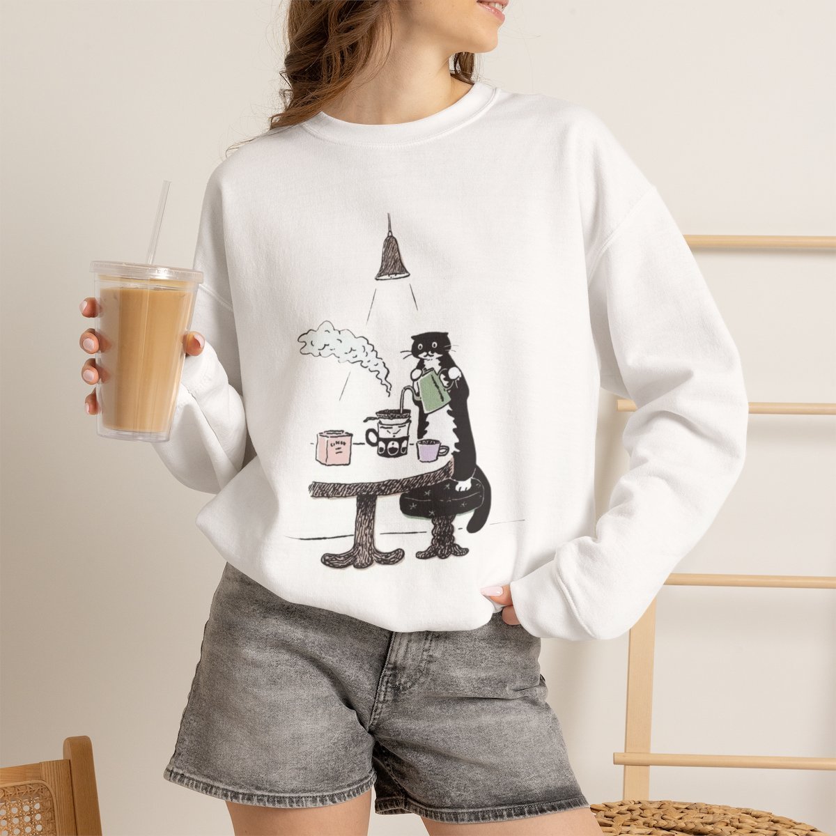 puvo9b.jpg Cozy Barista Cat Coffee Lover Unisex Sweatshirt Cute Graphic Gift White