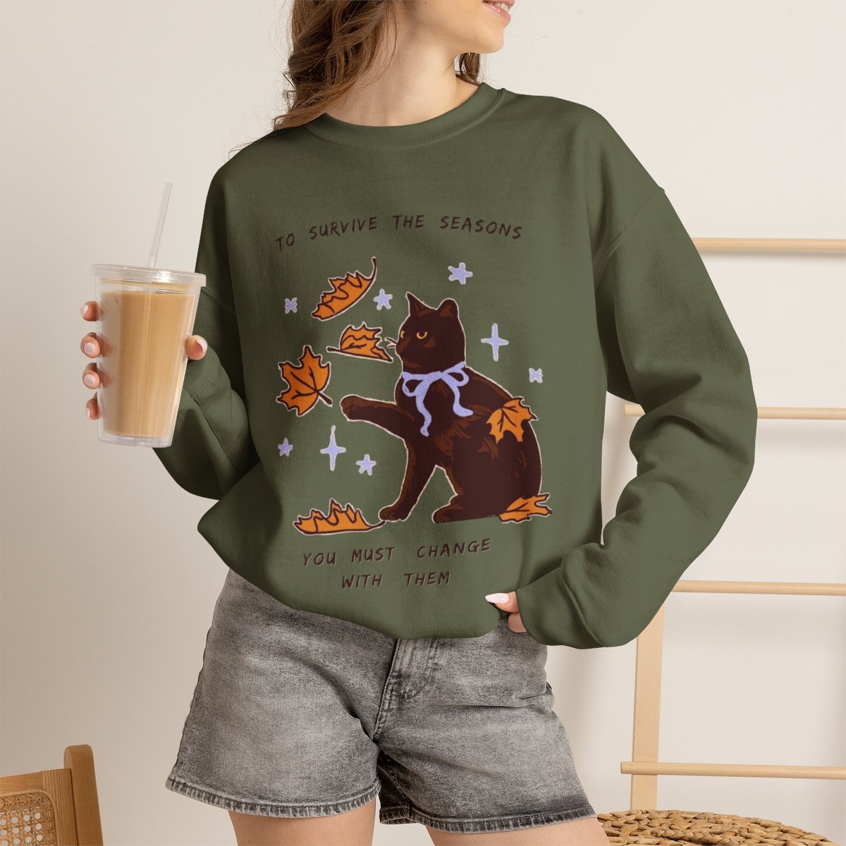 Cozy Black Cat Fall Season Unisex Sweatshirt | Autumn Apparel Gift Military Green