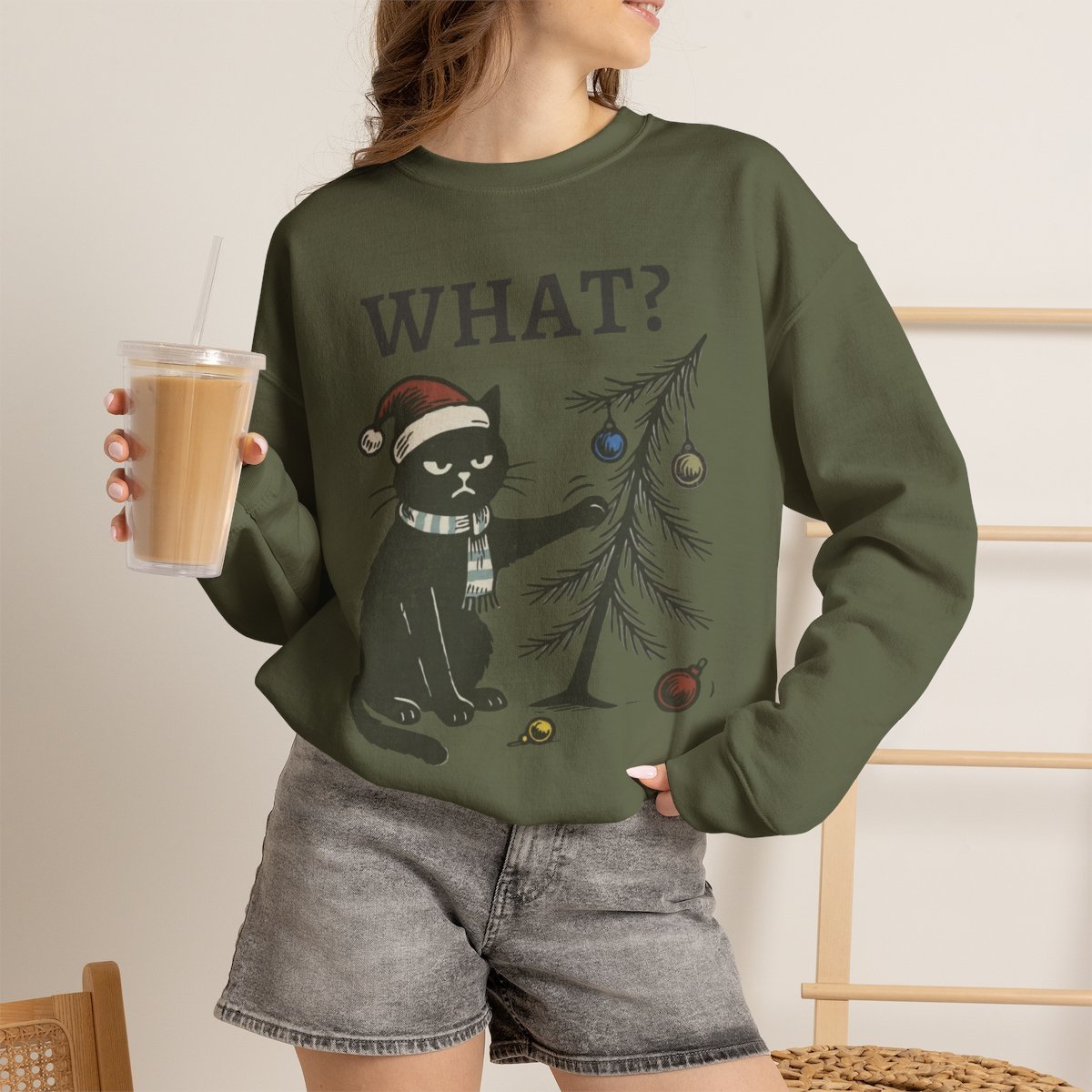 Unisex Funny Black Cat Christmas Sweatshirt | Cute Holiday Gift for Cat Lovers Military Green