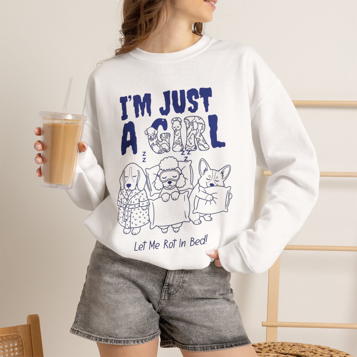 q2u3hh.jpg Unisex Funny Dog Lover Sweatshirt - Cute Cozy Sleeping Puppy Lounge Crewneck White