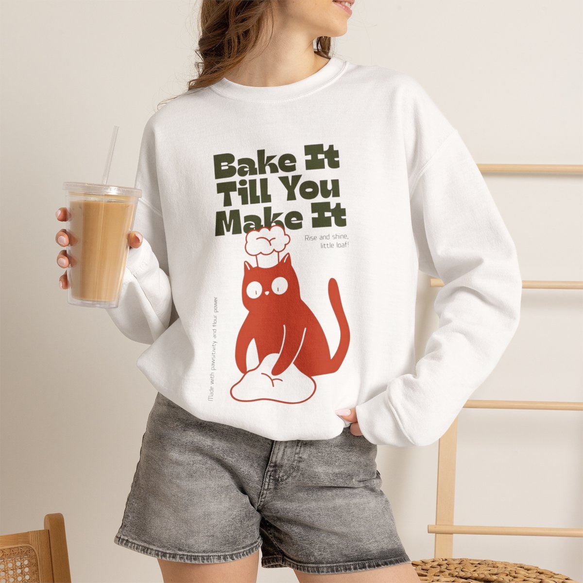 q61zi3.jpg Unisex Bake It Till You Make It Cat Sweatshirt | Cute Baker Crewneck Gift White