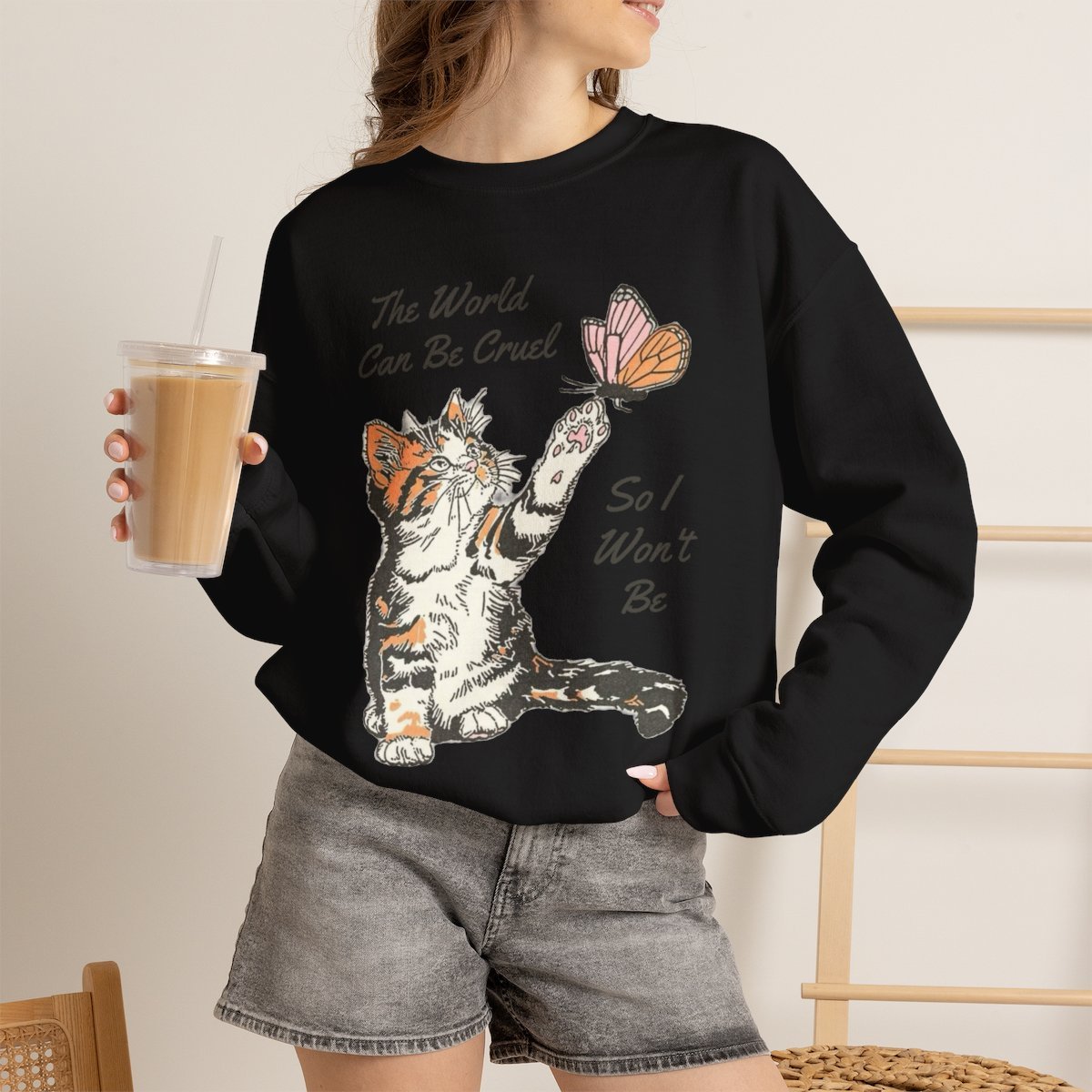 Cute Kitten and Butterfly Wholesome Kindness Quote Unisex Crewneck Sweatshirt Black