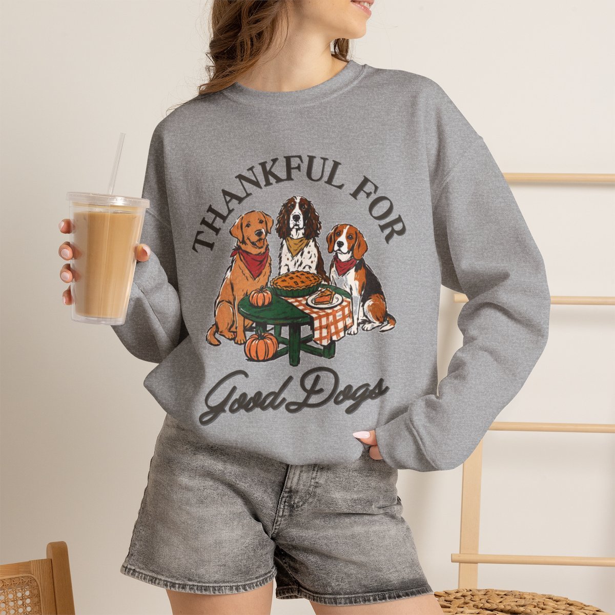 Thankful For Good Dogs Unisex Thanksgiving Sweatshirt - Cozy Fall Dog Lover Gift Sport Grey