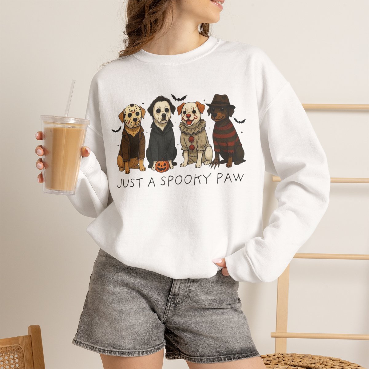 q9gwdj.jpg Unisex Halloween Dog Sweatshirt | Cute Horror Movie Fan Cozy Crewneck White