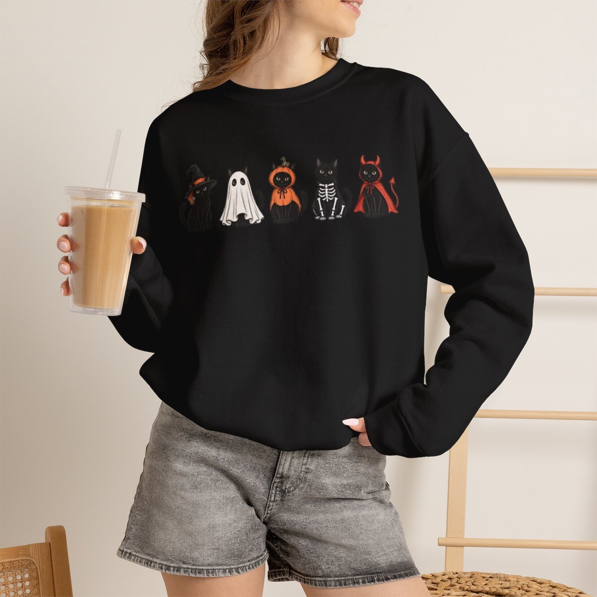 Unisex Cute Halloween Black Cat Costume Sweatshirt | Cozy Spooky Season Crewneck Black