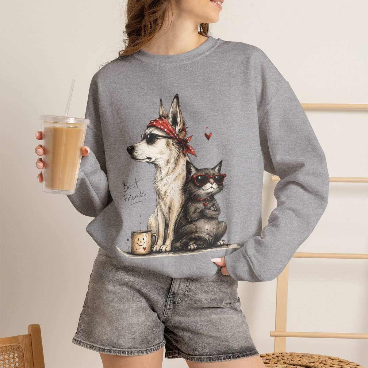 Unisex Cool Dog and Cat Best Friends Graphic Sweatshirt - Cute Pet Lover Gift Sport Grey