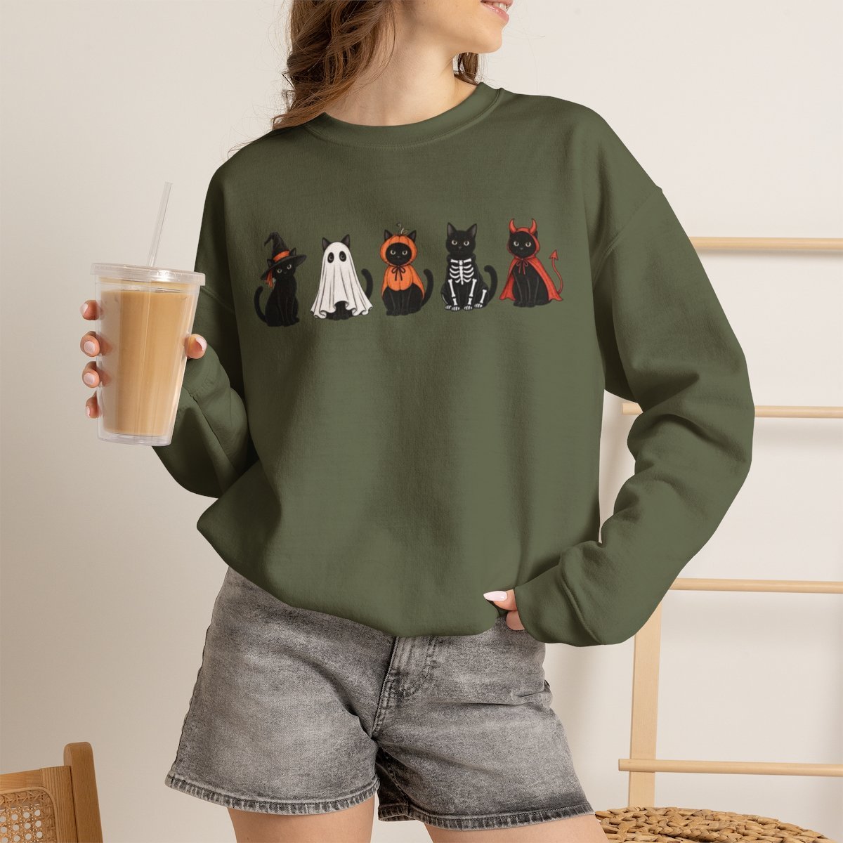 Unisex Cute Halloween Black Cat Costume Sweatshirt | Cozy Spooky Season Crewneck Military Green